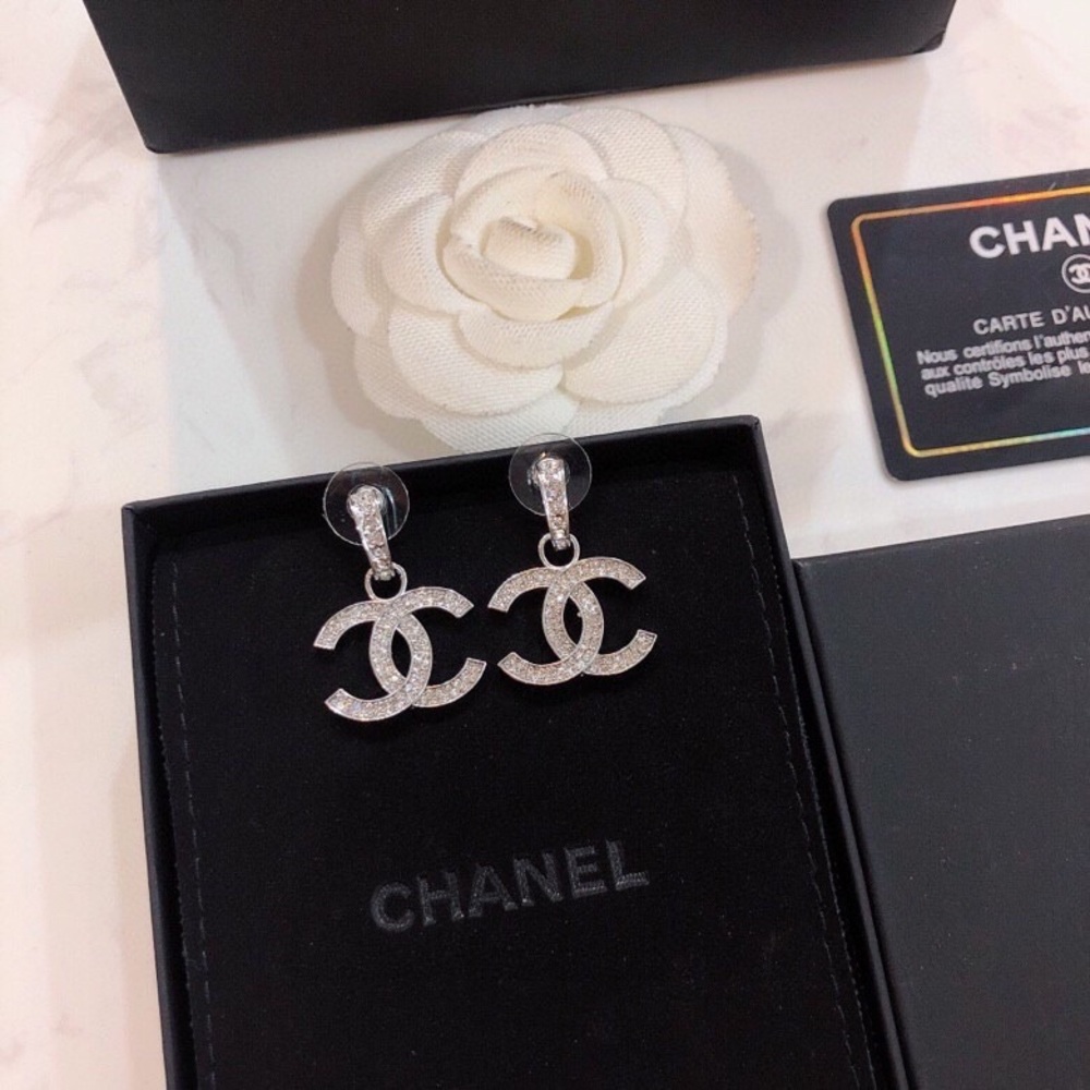 CHANEL Silver Crystal CC Drop Earrings